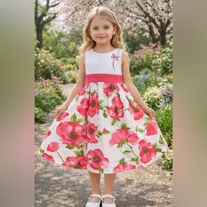 NWT Richie House Los Angeles Pink Poppies Cotton Spring Dress, 7/8, MSRP $55
